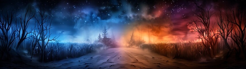 Canvas Print - Halloween in glowing fire text in green, yellow, blue, dark blue, purple, red, orange, and brown, over a backdrop of a haunted corn maze under a starlit sky, panoramic wide shot for a sweeping view
