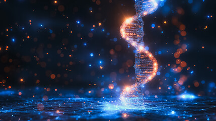 Poster - Science wallpaper with DNA genetic biotechnology on a blue background, highlighting chromosome structure, nano code, and low poly wireframe vector art.