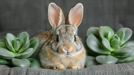 A cute, young brown rabbit sitting between green succulents on a gray textured surface, showcasing its fluffy fur and large ears.