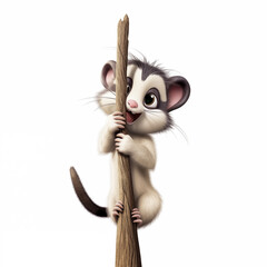 cartoon possum climbing on a stick with a white background