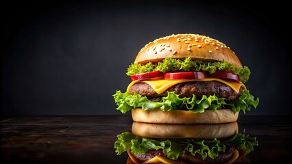 Wall Mural - A delicious hamburger on a dark black background, food, burger, fast food, gourmet, delicious, meal, black background, tasty