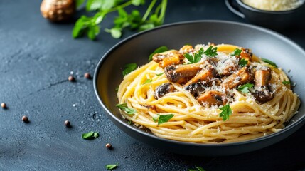 Delicious plate of spaghetti with mushrooms, garnished with parsley and Parmesan cheese, on a dark rustic background.