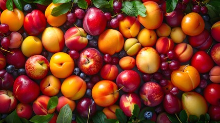 top view of a colorful array of fresh fruits, including plums, apricots, and nectarines.