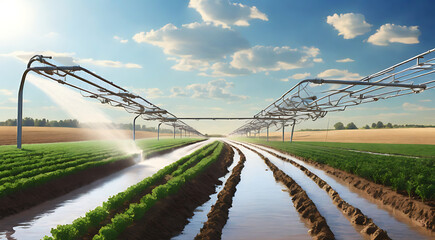 a sleek, modern depiction of irrigation systems in action, showing advanced technology and efficient water distribution across a farm field.