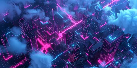 Fototapete - Neon-Lit Futuristic Cityscape With Clouds