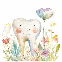 Cute Smiling Tooth Surrounded by Colorful Flowers in Watercolor Illustration