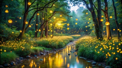 Softly glowing fireflies flutter and swirl in the gentle twilight, casting an ethereal pattern of twinkling lights against the serene evening atmosphere.