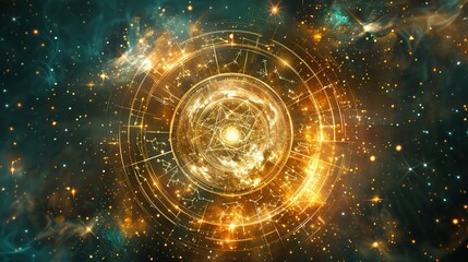 celestial zodiac wheel with glowing stars and nebulas