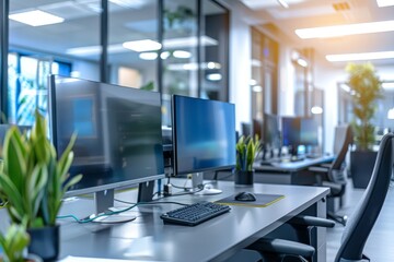 Canvas Print - Modern Office Workspace with Two Monitors and Keyboard