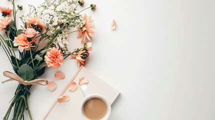 Wall Mural - female desk with coffee book flowers on white background