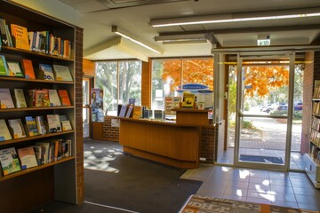 Wall Mural - Modern Library Interior with Wooden Bookshelves and a Reception Desk