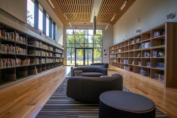 Sticker - Modern Library Interior with Bookshelves and Lounge Chairs