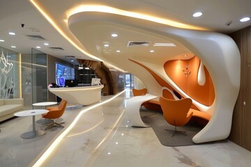 Sticker - Modern Office Interior with Abstract Curved Walls and Orange Seating