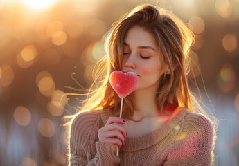 Sticker - beautiful woman with heart shaped lollipop, heart bokeh background