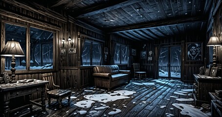 interior of abandoned ransacked cabin lodge in the mountains woods wilderness at night. old wood home in the wild dark arctic tundra.