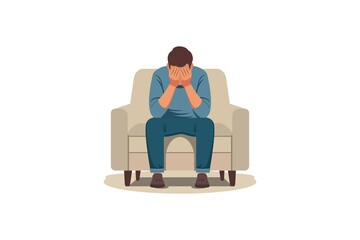 Anxious Man Sitting on Sofa Cover Face with Hands, Crying, Feel Frustrated. Depressed Businessman Suffer of Depression, Crisis, Anxiety Problem, Sad Male Character. Cartoon People Illustration