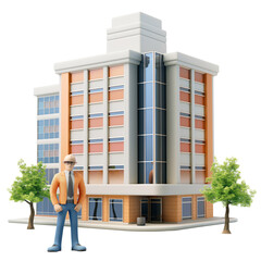 Poster - 3D icon - man with 3D Commercial Building, on isolated transparent background