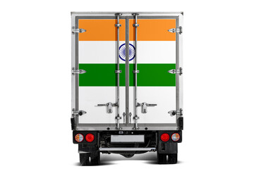 Sticker - A truck with the national flag of India  depicted on the tailgate drives against a white background. Concept of export-import, transportation, national delivery of goods