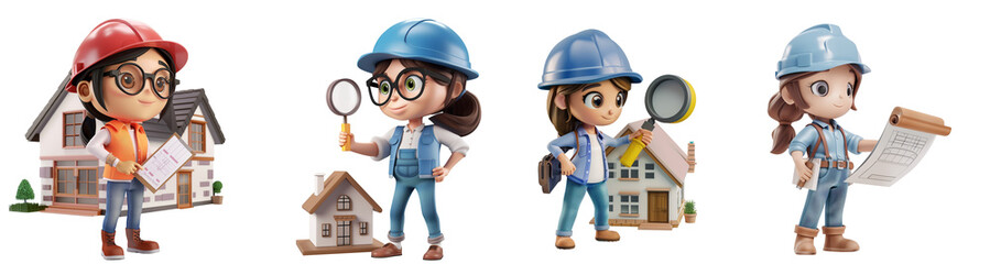 Sticker - Girl with 3D Home Inspection, on isolated transparent background