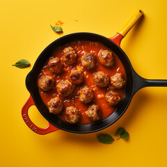 there is a pan with meatballs in a sauce on a yellow background