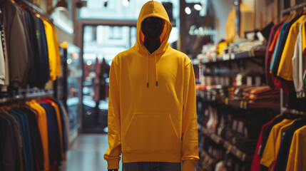 Wall Mural - mock up of plain yellow blue hoodie in shop displayed on mannequin, mannequin standing in front of clothes rack, Ai generated Images