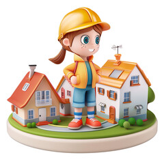 Poster - Girl with 3D Residential Area, on isolated transparent background