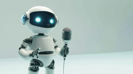 Canvas Print - A robot is holding a microphone and is smiling