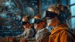 © Phichaphat - Three children wearing VR headsets are engrossed in a virtual experience, facing a celestial map.  The image captures the wonder and excitement of immersive technology.