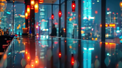 Wall Mural - A city skyline is illuminated at night, visible through a bar window with reflections of city lights, Reflections of city lights shimmering on a sleek bar