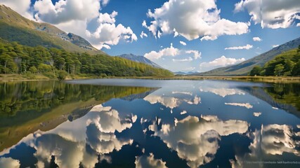 Poster - A vast body of water nestled amidst towering mountains, reflecting the skys hues on its tranquil surface, Reflections of the sky on a still lake