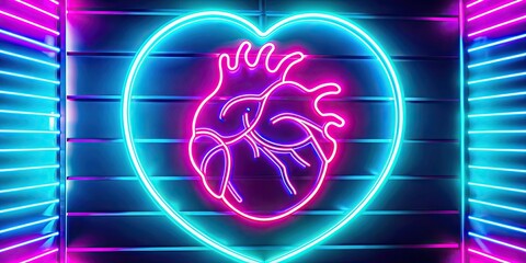 Wall Mural - neon drawing of a human heart , heart, neon, glowing, vibrant, colorful, medical, anatomy, organ, health, healthcare, cardiology, symbol