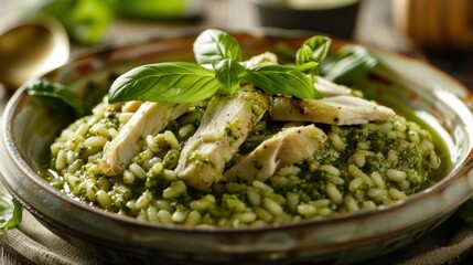 Wall Mural - Chicken Pesto Risotto with Fresh Basil