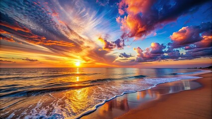 Wall Mural - vibrant sunset on a peaceful beach , beach, sunset, sky, ocean, horizon, tranquil, serene, colorful,