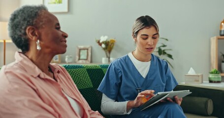 Poster - Elderly, woman and caregiver with tablet for consulting, communication and discussion for healthcare on sofa. Senior, person and nurse with touchscreen for conversation for health, report or analysis