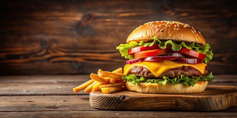 Wall Mural - Delicious hamburger with crispy french fries on a wooden table, burger, fries, fast food, meal, unhealthy, tasty, restaurant