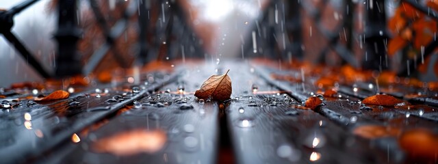 Sticker -  A leaf atop a wet wooden floor, dotted with water drops, sits near a metal structure featuring a bridge in the background