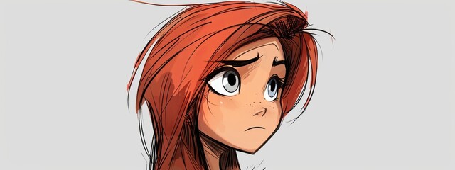 Canvas Print -  A drawing of a girl with red hair and a sad expression, gazing at the viewer with concern