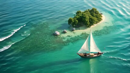 Sticker - A sailboat calmly sails near a small island in crystal-clear waters, Sailing across crystal-clear waters to a secluded island paradise