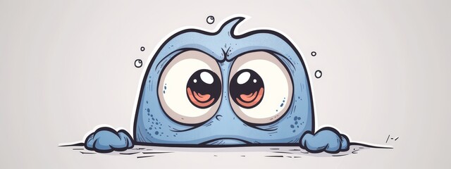 Sticker -  A blue cartoon character with large eyes and a sad expression sits before a white backdrop