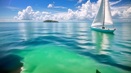 Wall Mural - A sailboat glides across the ocean with a small island in the background, Sailing across crystal-clear waters to a secluded island paradise