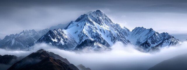 Wall Mural -  A towering mountain, shrouded in fog, sported a dense covering of snow In the foreground, low-lying clouds hovered