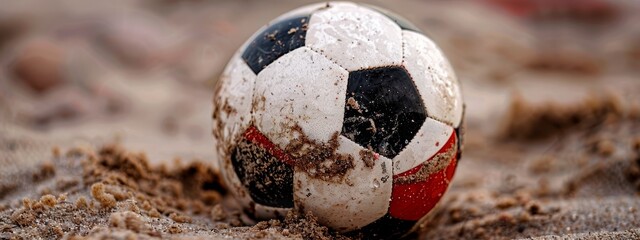 Poster -  A dirty soccer ball atop a mound of dirt Dirt surrounds the ball on the ground