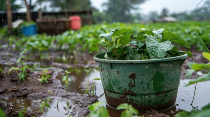 Sticker - Green Plant in a Bucket After a Rain