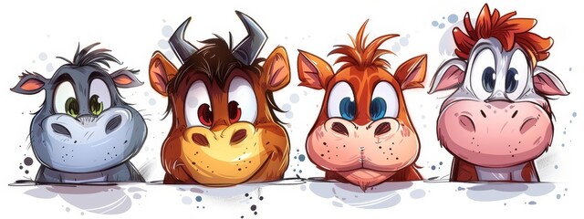 Sticker -  Three cartoon cows seated together on a pristine white backdrop, next to a paint splat