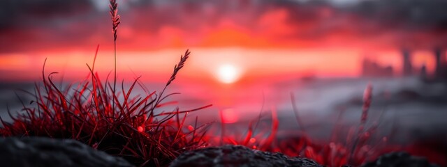 Poster - red sky behind, grass in foreground