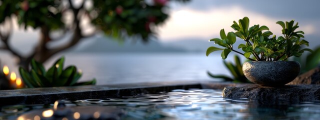 Wall Mural -  A potted plant atop a rock by a water body, behind stands a tree