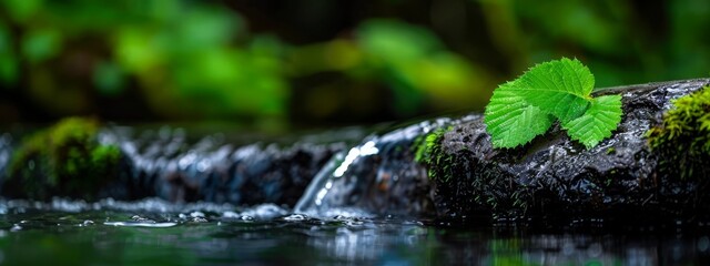 Wall Mural -  A green leaf atop a rock, amidst water's expanse, backs a cascading waterfall