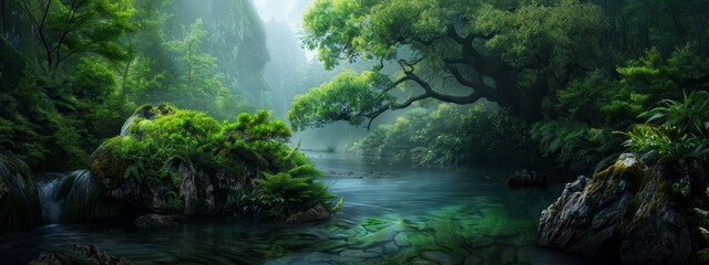 Wall Mural - a body of water flowing through dense greenery, surrounded by numerous trees on either bank