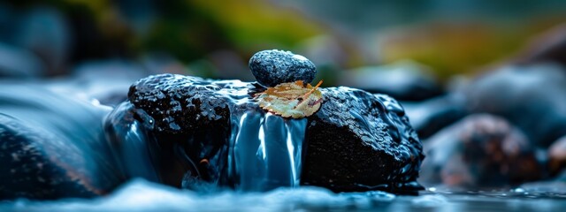 Wall Mural -  A tight shot of a waterfall, with a leaf atop a rock submerged in the stream's heart