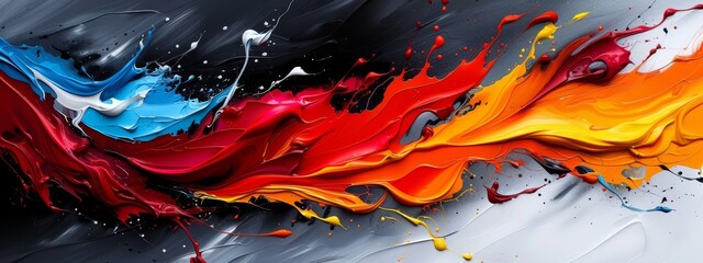 Poster -  A multicolored abstract painting with splatters of white, red, yellow, blue, and orange paint